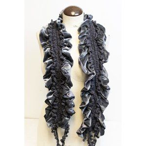 Grey Velvet Knit Reversible Scarf Ruffled Satin Stretch Fringe Goth Victorian